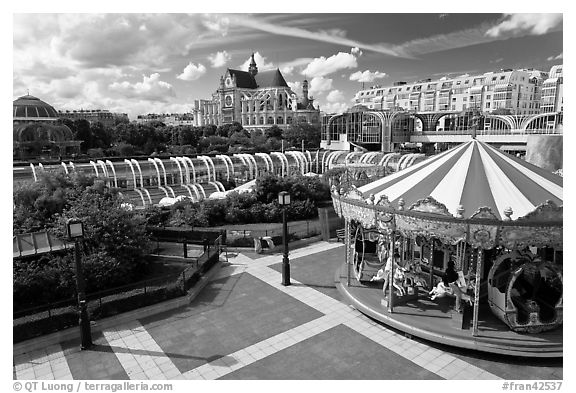 Carousel, Forum des Halles and Saint-Eustache church. Paris, France