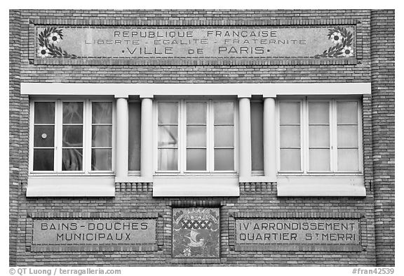 Facade of historic public baths. Paris, France