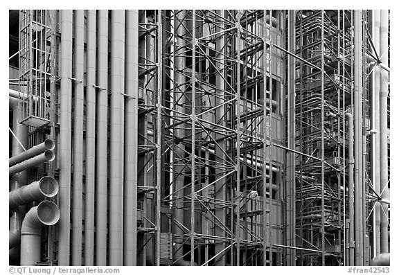 Exposed skeleton of brightly colored tubes, Pompidou Centre. Paris, France