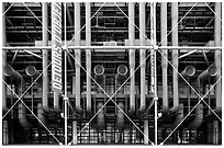 Rear of Pompidou Center with exposed blue tubes used for climate control. Paris, France (black and white)