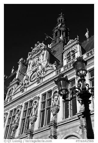 Renaissance-style facade, Hotel de Ville. Paris, France (black and white)