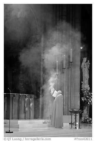 Paris cardinal officiating in cathedral Notre-Dame. Paris, France (black and white)