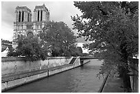 Seine and Notre-Dame facade in the spring. Paris, France (black and white)