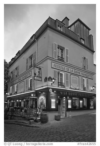 Restaurant at dusk, Montmartre. Paris, France (black and white)