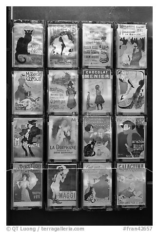 Reproduction of vintage advertising posters, Montmartre. Paris, France (black and white)