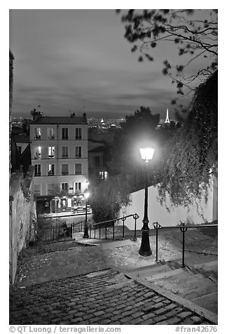 Hillside stairs, street lights, and Eiffel Tower in the distance, Montmartre. Paris, France