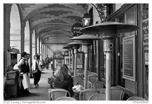 Outdoor cafe tables and heating lamps, place des Vosges. Paris, France (black and white)
