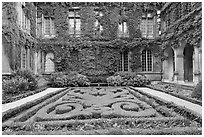 Formal garden in courtyard of hotel particulier. Paris, France (black and white)