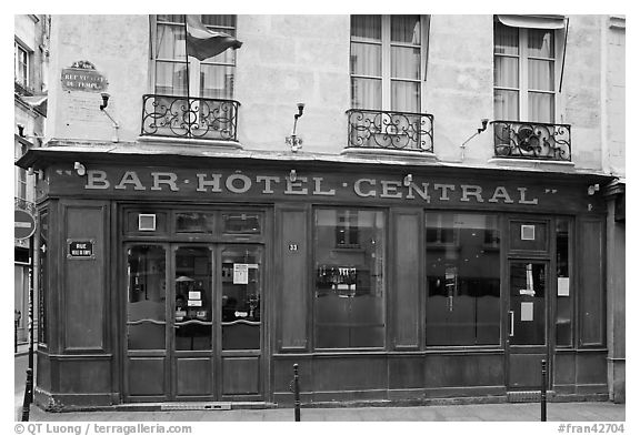 Old Bar hotel and rainbow flag. Paris, France (black and white)