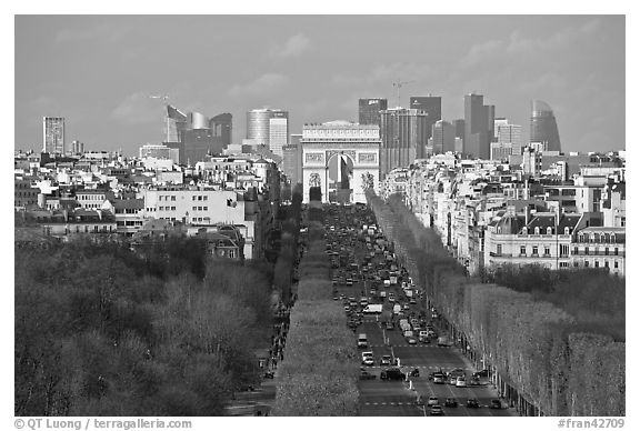 Aerial view of Champs-Elysees, Arc de Triomphe, and La Defense. Paris, France