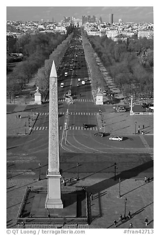 Place de la Concorde Obelisk and Champs-Elysees, seen from above. Paris, France