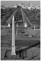 Place de la Concorde Obelisk and Champs-Elysees, seen from above. Paris, France (black and white)