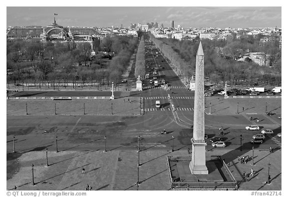 Place de la Concorde, Obelisk, Grand Palais, and Champs-Elysees. Paris, France (black and white)