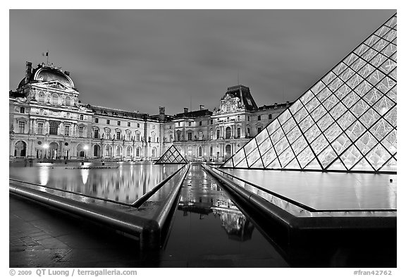 IM Pei Pyramid and Sully Wing at night, The Louvre. Paris, France