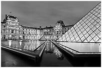 IM Pei Pyramid and Sully Wing at night, The Louvre. Paris, France (black and white)