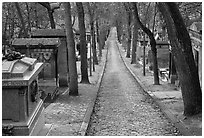 Alley and tombs in winter, Pere Lachaise cemetery. Paris, France (black and white)