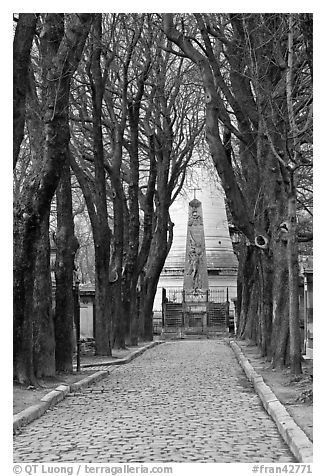 Trees and memorial, Pere Lachaise cemetery. Paris, France