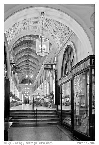 Gallery at night, passage Vivienne. Paris, France (black and white)