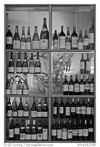Wine bottles in storefront, passage Vivienne. Paris, France (black and white)