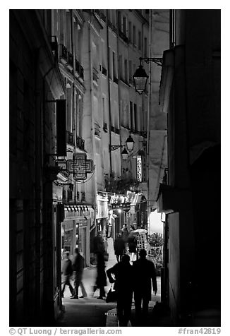 Narrow pedestrian street at dusk. Quartier Latin, Paris, France (black and white)