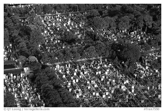 Cimetiere Montparnasse seen from the Montparnasse Tower. Paris, France (black and white)