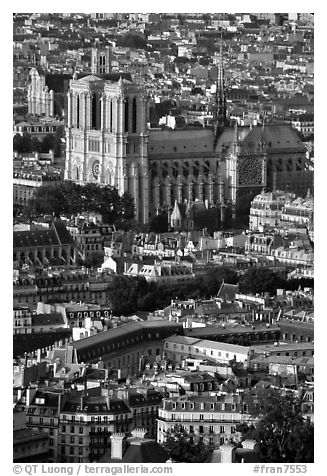 Notre Dame seen from the Montparnasse Tower, late afternoon. Paris, France (black and white)