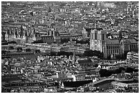 Hotel de Ville (City Hall) and Notre Dame seen from the Montparnasse Tower, sunset. Paris, France (black and white)