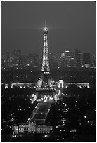 Tour Eiffel (Eiffel Tower) and Palais de Chaillot (Palace of Chaillot)  seen from the Montparnasse Tower by night. Paris, France (black and white)