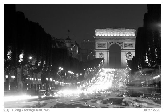 Champs Elysees and Arc de Triomphe at dusk. Paris, France (black and white)