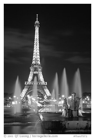 Tour Eiffel (Eiffel Tower) and Fountains on the Palais de Chaillot by night. Paris, France (black and white)