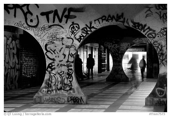 Gallery with graffiti. Paris, France (black and white)