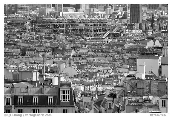 Rooftops and Centre Beaubourg seen from Montmartre. Paris, France (black and white)