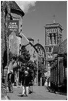 Main street of the Hill of Vezelay with the church in the background. Burgundy, France ( black and white)