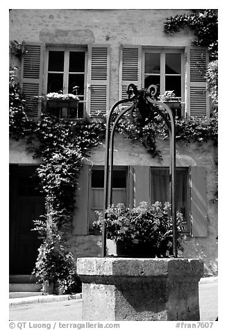 Flowers on a well, old  Vezelay. Burgundy, France (black and white)
