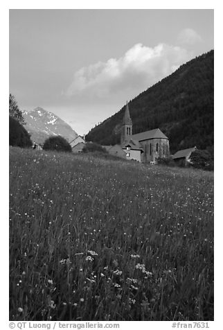 Meadow, Villar d'Arene village, ridge, sunset. France (black and white)