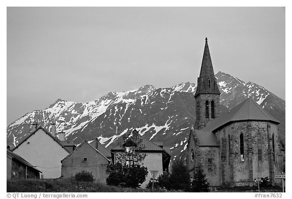 Houses and church,  Villar d'Arene, sunset. France (black and white)