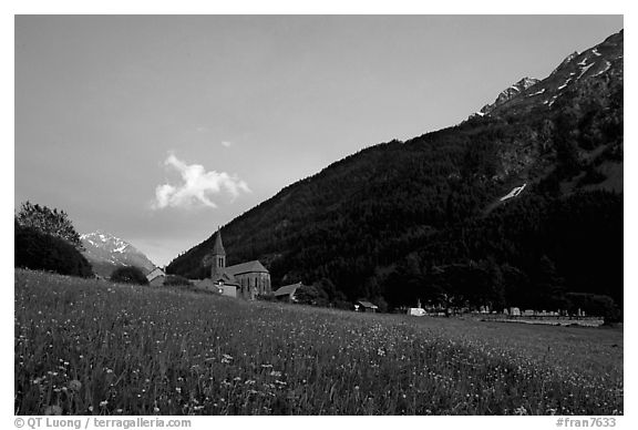 Meadow, Villar d'Arene village, ridge, sunset. France