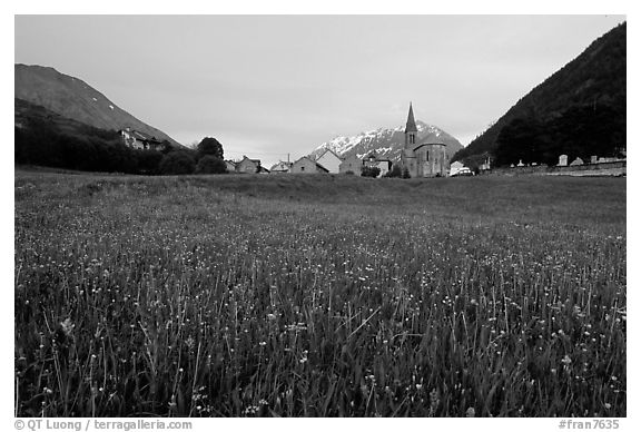 Meadow, Villar d'Arene village,  sunset. France (black and white)