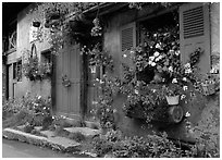 Flowered houses in village of Le Tour, Chamonix Valley. France (black and white)