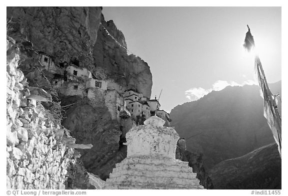 Chorten, prayer flag, and Phuktal Gompa, Zanskar, Jammu and Kashmir. India