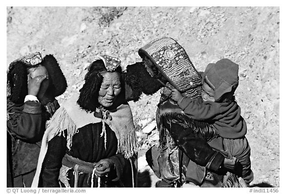 Elderly women with turquoise-covered head adornments, Zanskar, Jammu and Kashmir. India