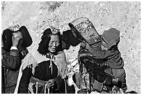 Elderly women with turquoise-covered head adornments, Zanskar, Jammu and Kashmir. India ( black and white)