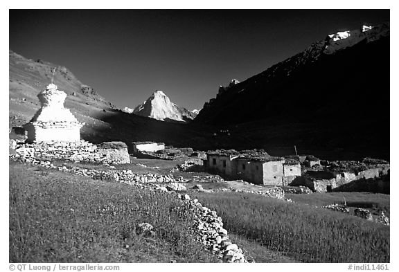 Kargiakh village, with Gumburanjan peak in the distance, Zanskar, Jammu and Kashmir. India (black and white)