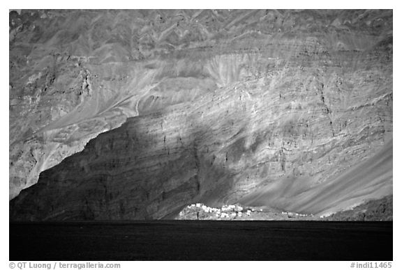 Monastary at the base of tall cliffs, Zanskar, Jammu and Kashmir. India