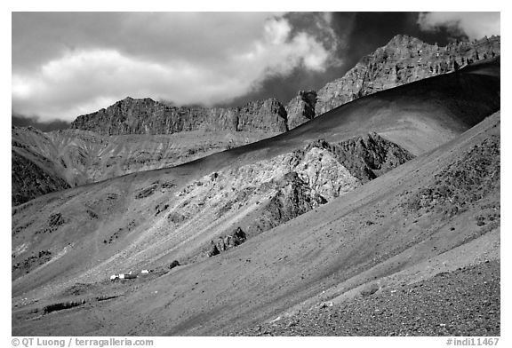 Houses lost in mineral landscape, Zanskar, Jammu and Kashmir. India