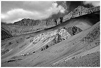 Houses lost in mineral landscape, Zanskar, Jammu and Kashmir. India (black and white)