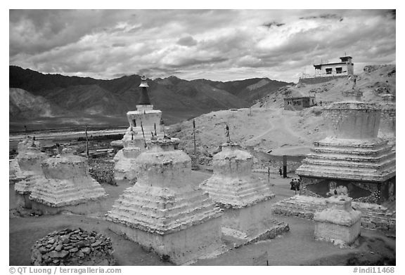 Chortens in monestary, Padum, Zanskar, Jammu and Kashmir. India (black and white)