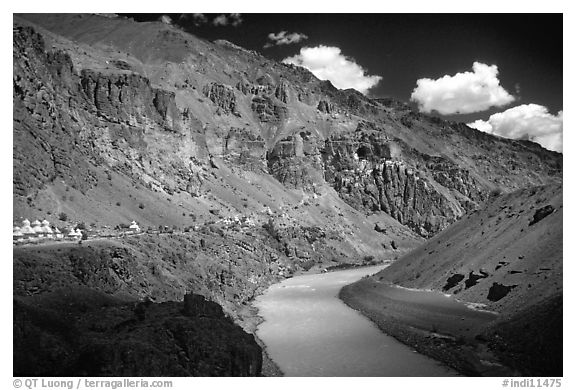 Tsarap River and Phugtal monastery, Zanskar, Jammu and Kashmir. India (black and white)