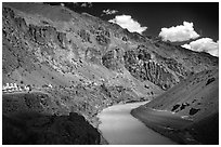 Tsarap River and Phugtal monastery, Zanskar, Jammu and Kashmir. India (black and white)