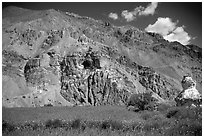 Cultivated fields, chorten, and Phuktal monastery, Zanskar, Jammu and Kashmir. India (black and white)